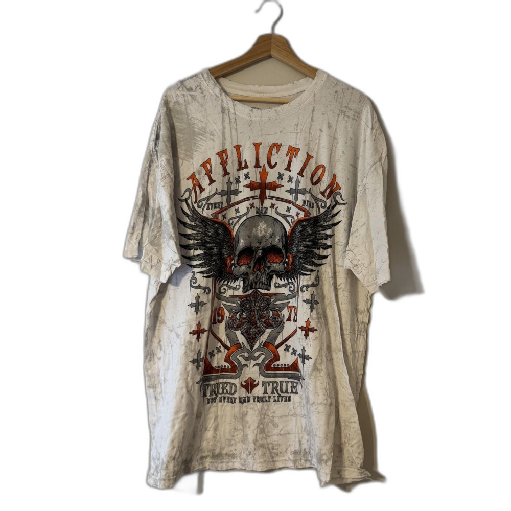 Affliction Shirt Mens 2XL White Skull Wings Graphic Tried True Biker Gothic Tee